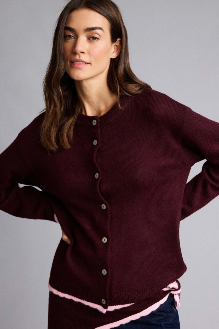 Kadın Bordo Regular Fıt Bisiklet Yaka Triko Hırka