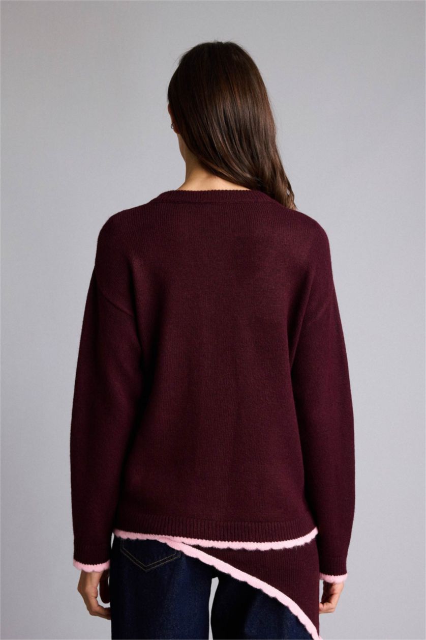 Kadın Bordo Regular Fıt Bisiklet Yaka Triko Hırka