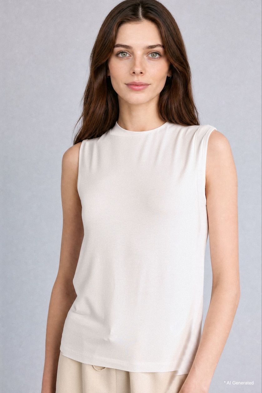 Women Ecru Slim Fit Half Turtleneck Short Sleeve Tunic