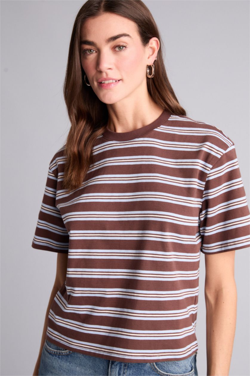 Kadın Kahve Relax Fıt Bisiklet Yaka Çizgili Kısa Kollu Tişört