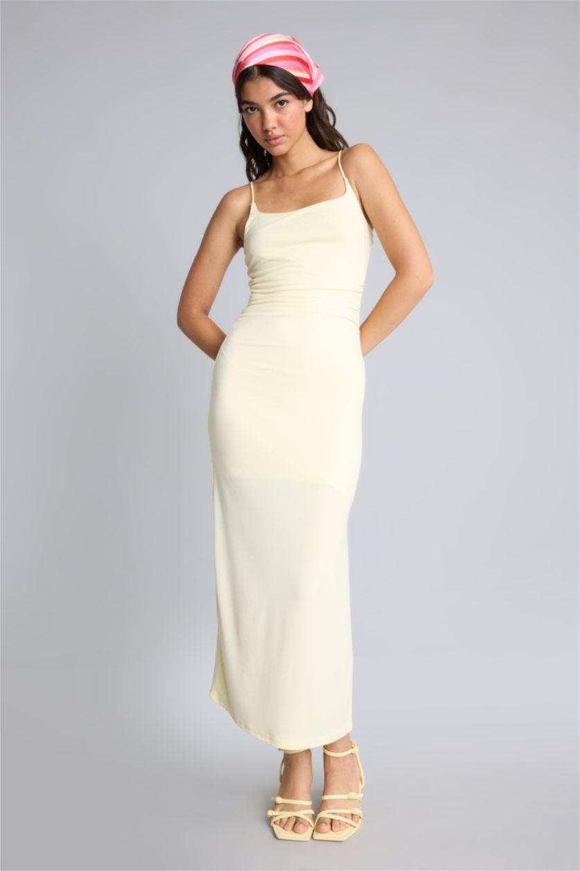 Kadın Açık Sarı Bodycon Askılı Midi Elbise