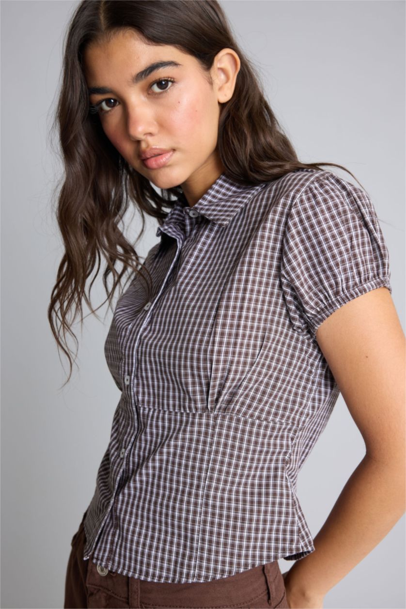Women Brown Slim Fit Cotton Short Sleeve Shirt