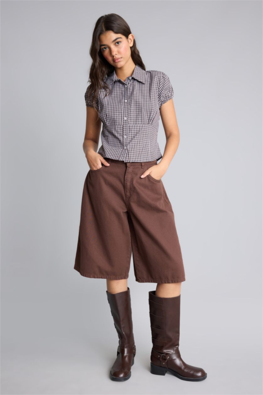 Women Brown Slim Fit Cotton Short Sleeve Shirt