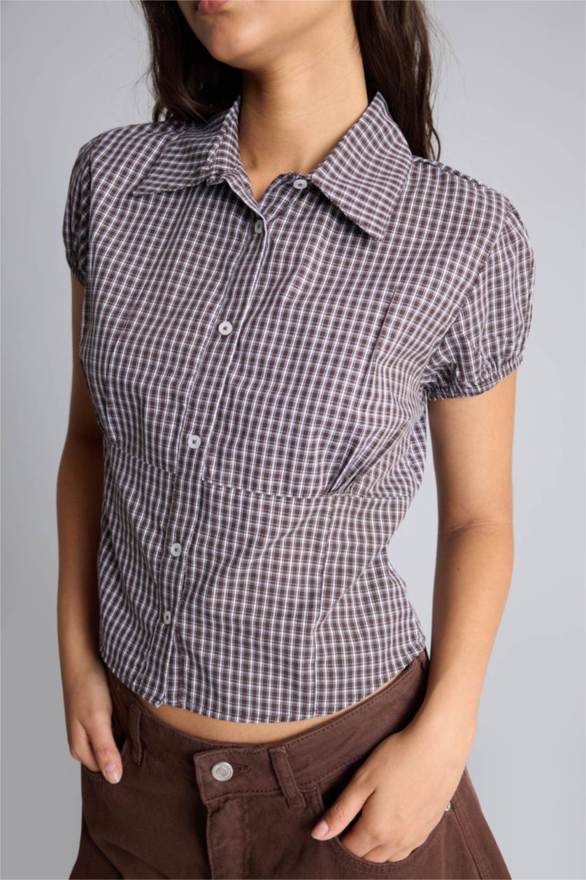 Women Brown Slim Fit Cotton Short Sleeve Shirt