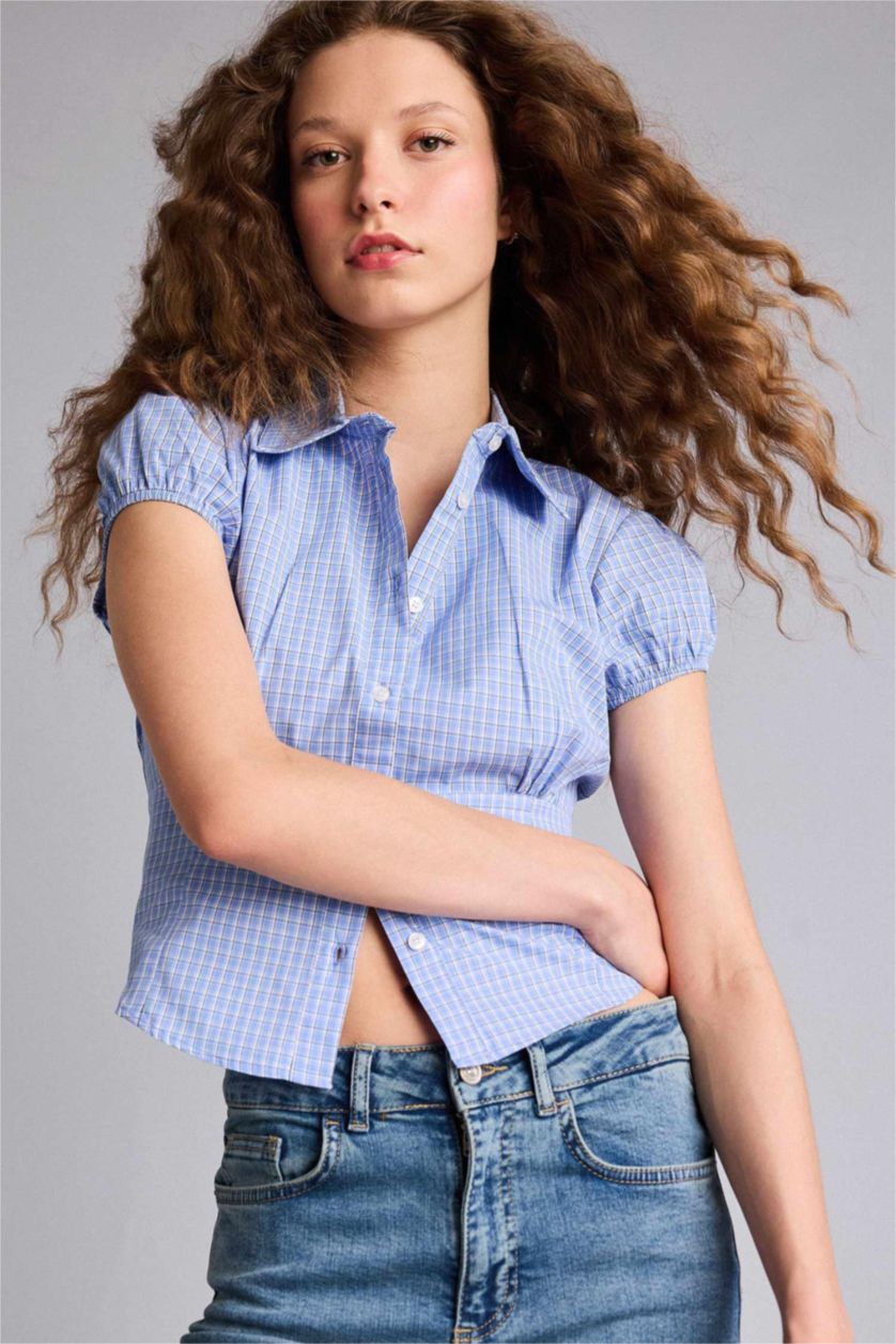 Woman Blue Slim Fit Cotton Short Sleeve Shirt