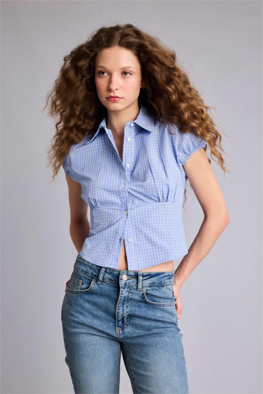 Woman Blue Slim Fit Cotton Short Sleeve Shirt
