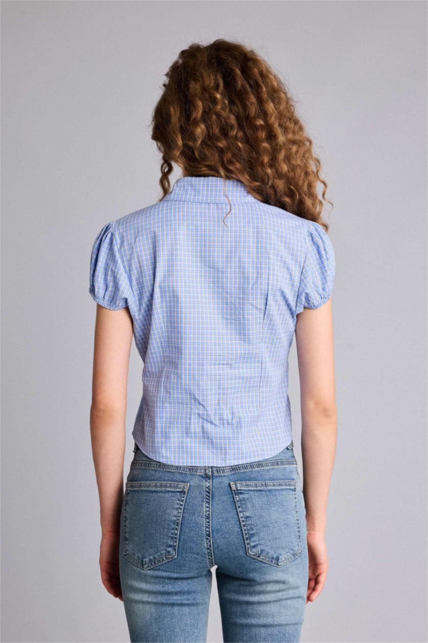 Woman Blue Slim Fit Cotton Short Sleeve Shirt