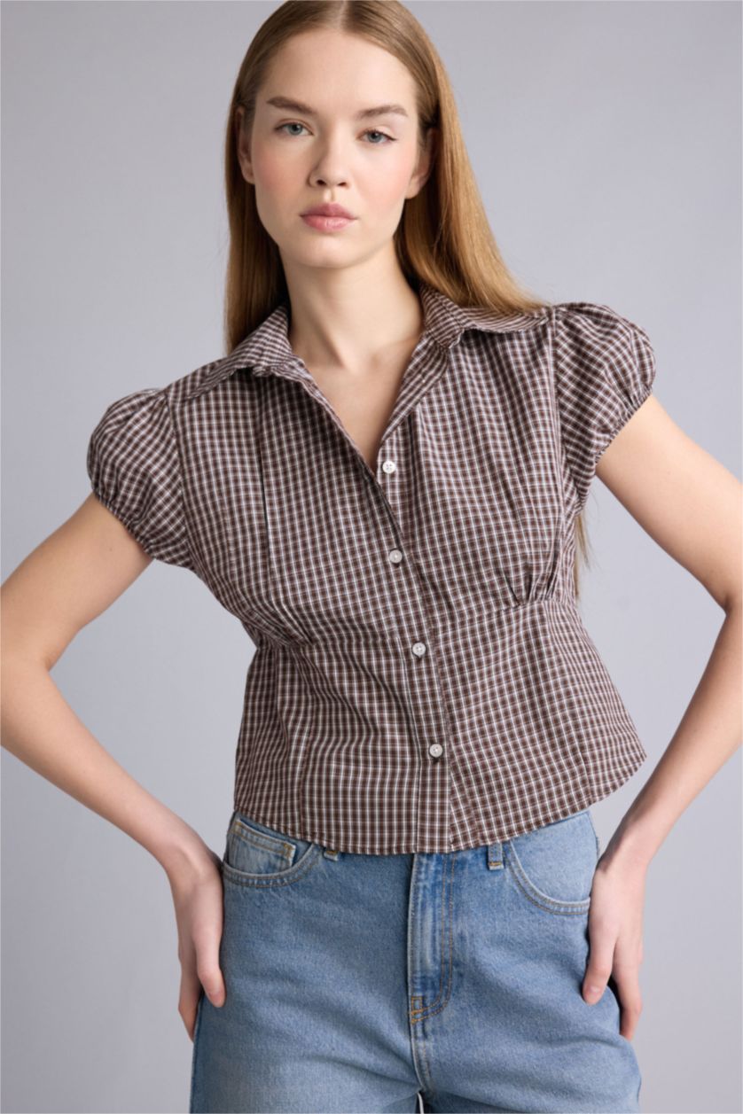 Kadın Kahve Fıtted Kareli Pamuklu Gömlek