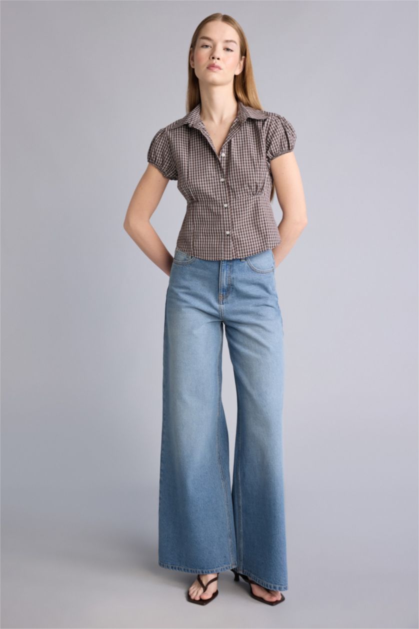 Kadın Kahve Fıtted Kareli Pamuklu Gömlek