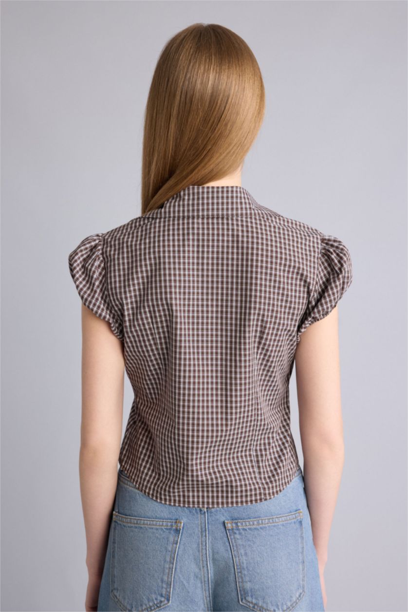Kadın Kahve Fıtted Kareli Pamuklu Gömlek