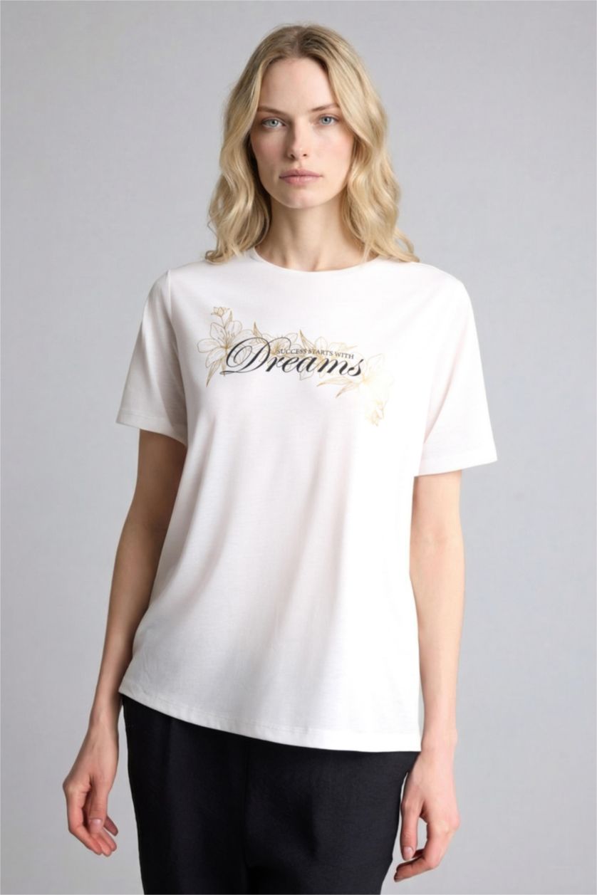 Kadın Ekru Regular Fit Çiçek Desenli Tişört