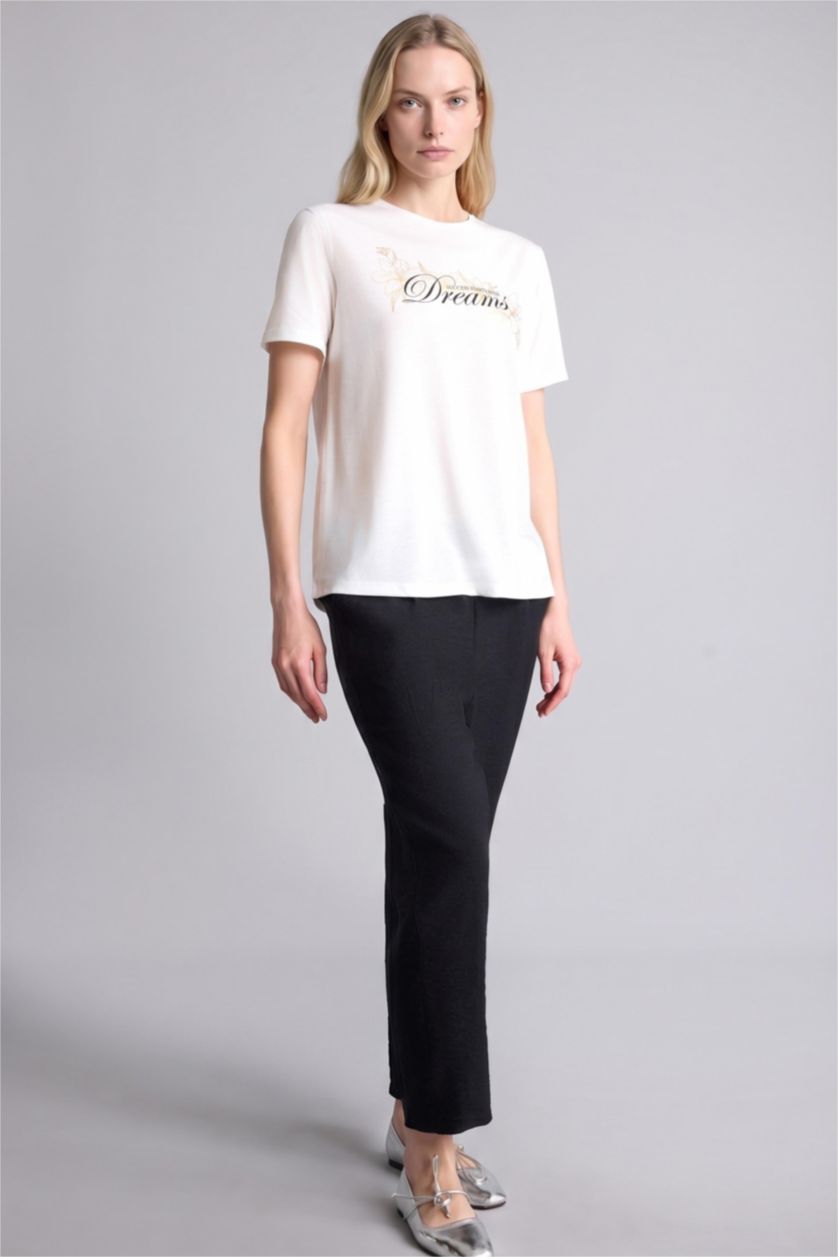 Kadın Ekru Regular Fit Çiçek Desenli Tişört