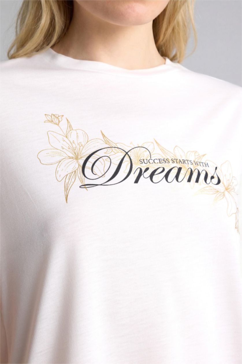 Kadın Ekru Regular Fit Çiçek Desenli Tişört
