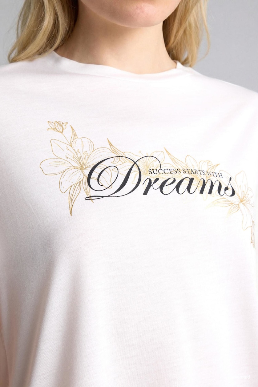 نساء بيج فاتح Regular Fit Crew Neck Flower Short Sleeve T-Shirt
