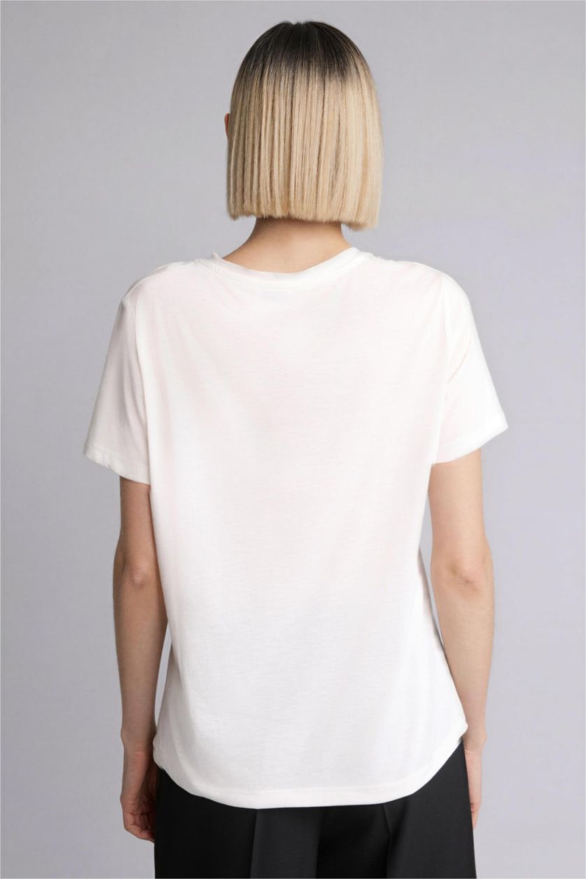 Kadın Ekru Regular Fıt Baskılı Kısa Kollu Tişört
