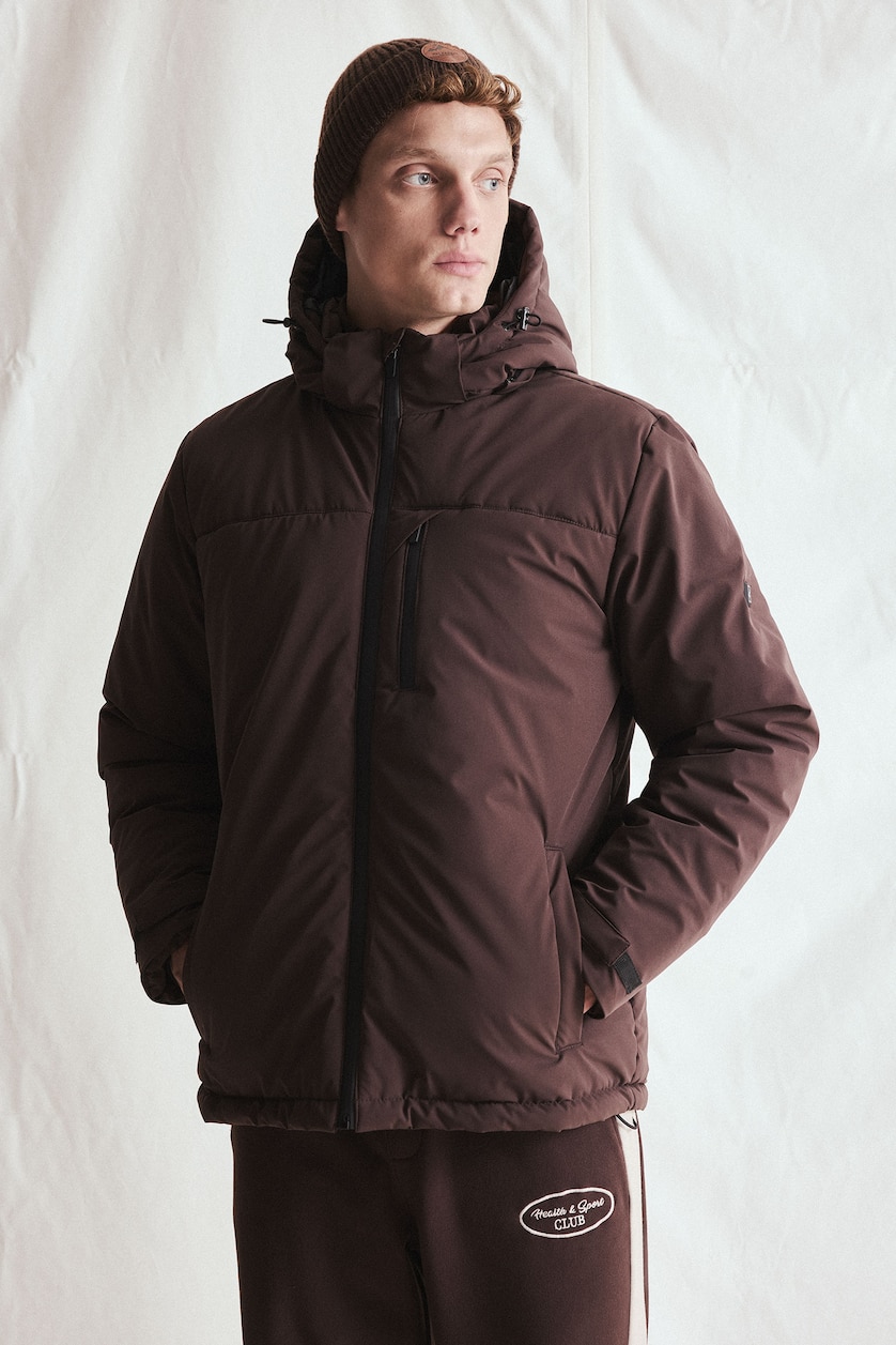 Man Brown Zipper Puffer Jacket
