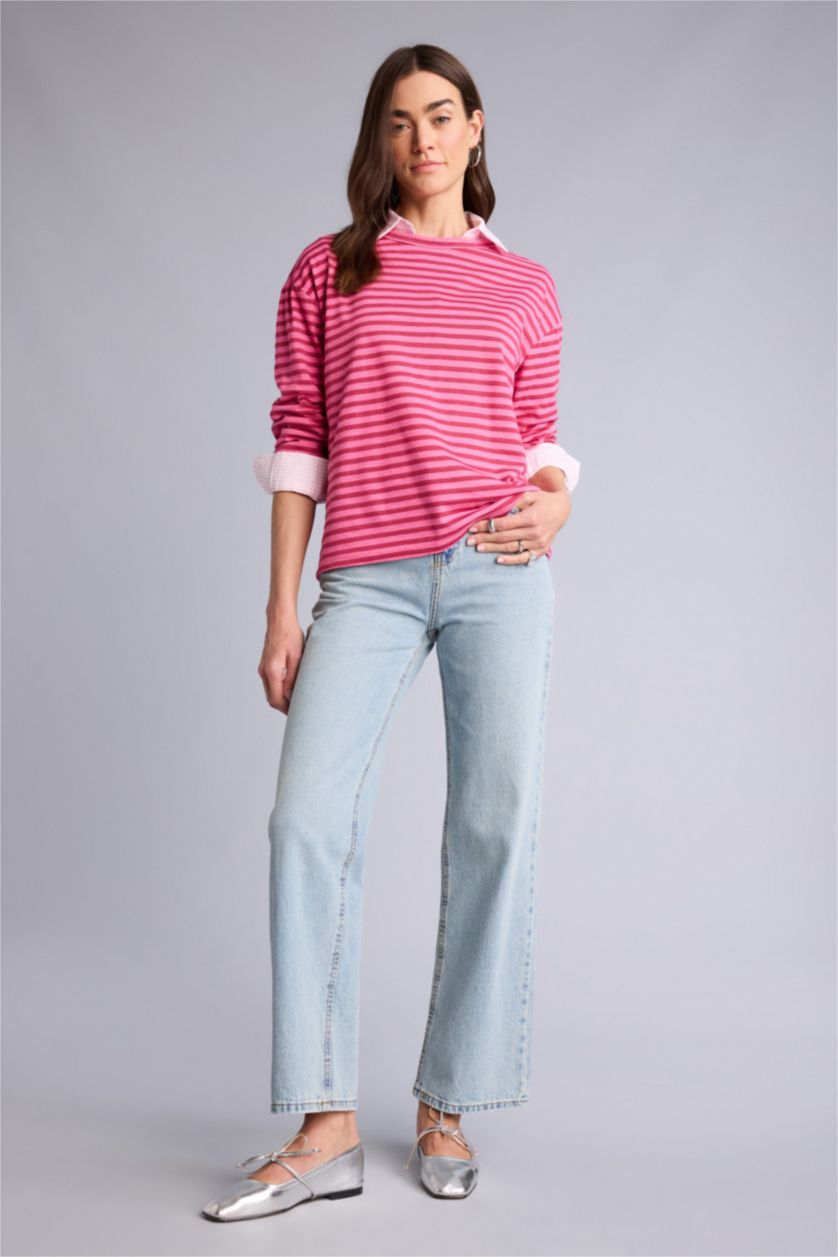 Kadın Açık Pembe Çizgili Uzun Kollu Tişört