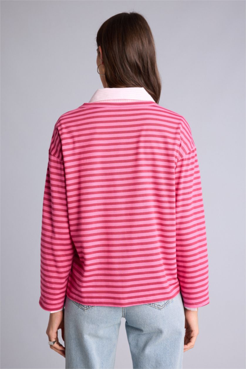 Kadın Açık Pembe Çizgili Uzun Kollu Tişört