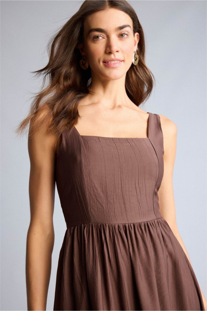 Kadın Açık Kahve Askılı Midi Elbise