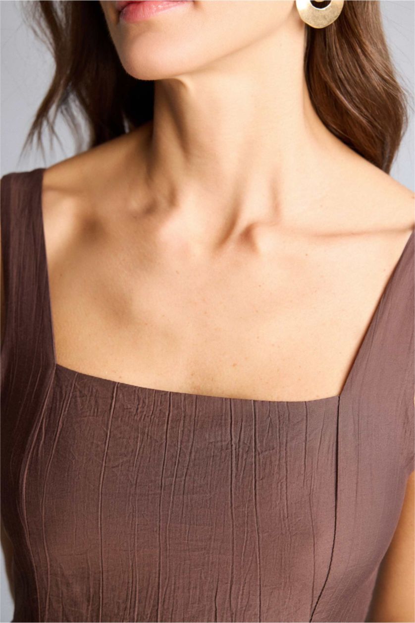 Kadın Açık Kahve Askılı Midi Elbise