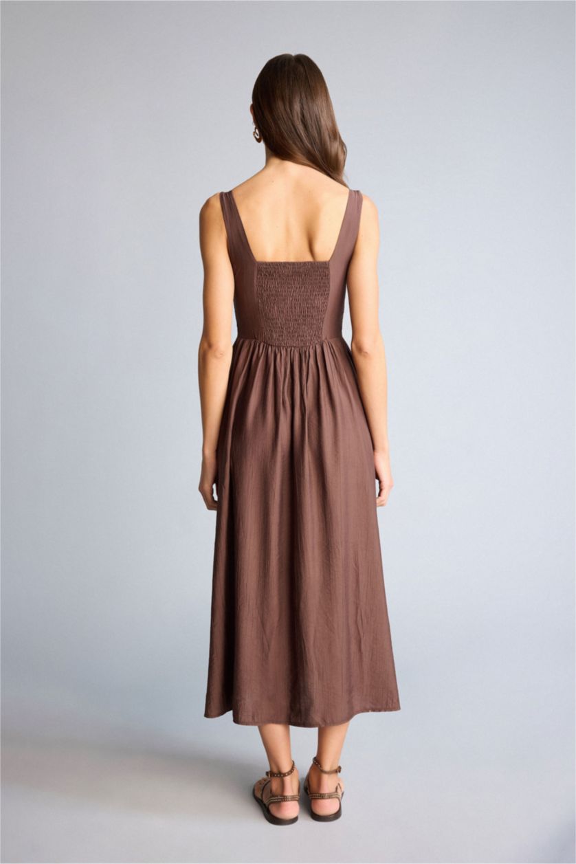 Kadın Açık Kahve Askılı Midi Elbise