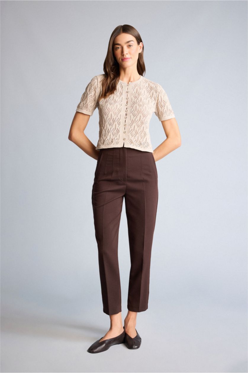 Kadın Ekru Ajurlu Kısa Kollu Hırka