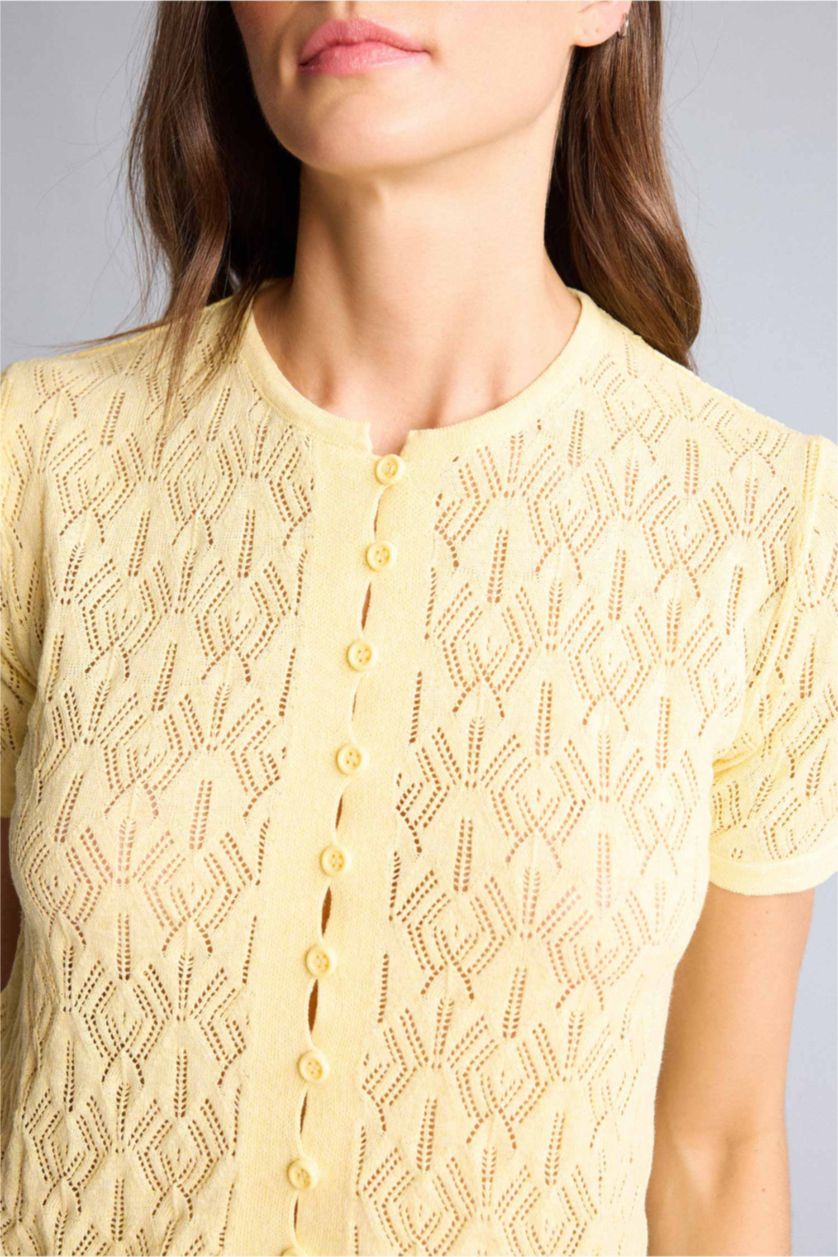 Kadın Sarı Ajurlu Kısa Kollu Hırka