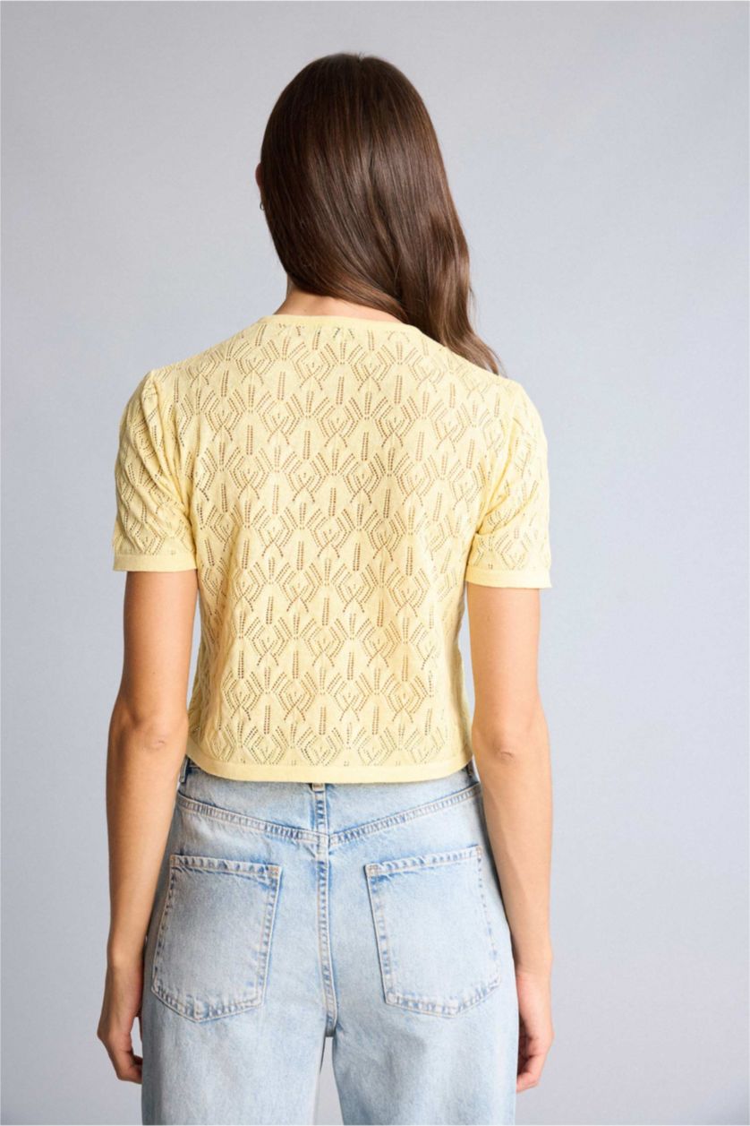 Kadın Sarı Ajurlu Kısa Kollu Hırka