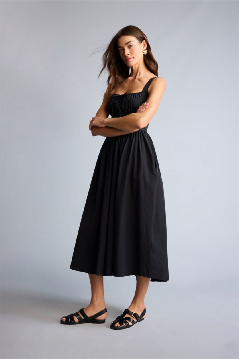 Kadın Siyah Askılı Midi Elbise