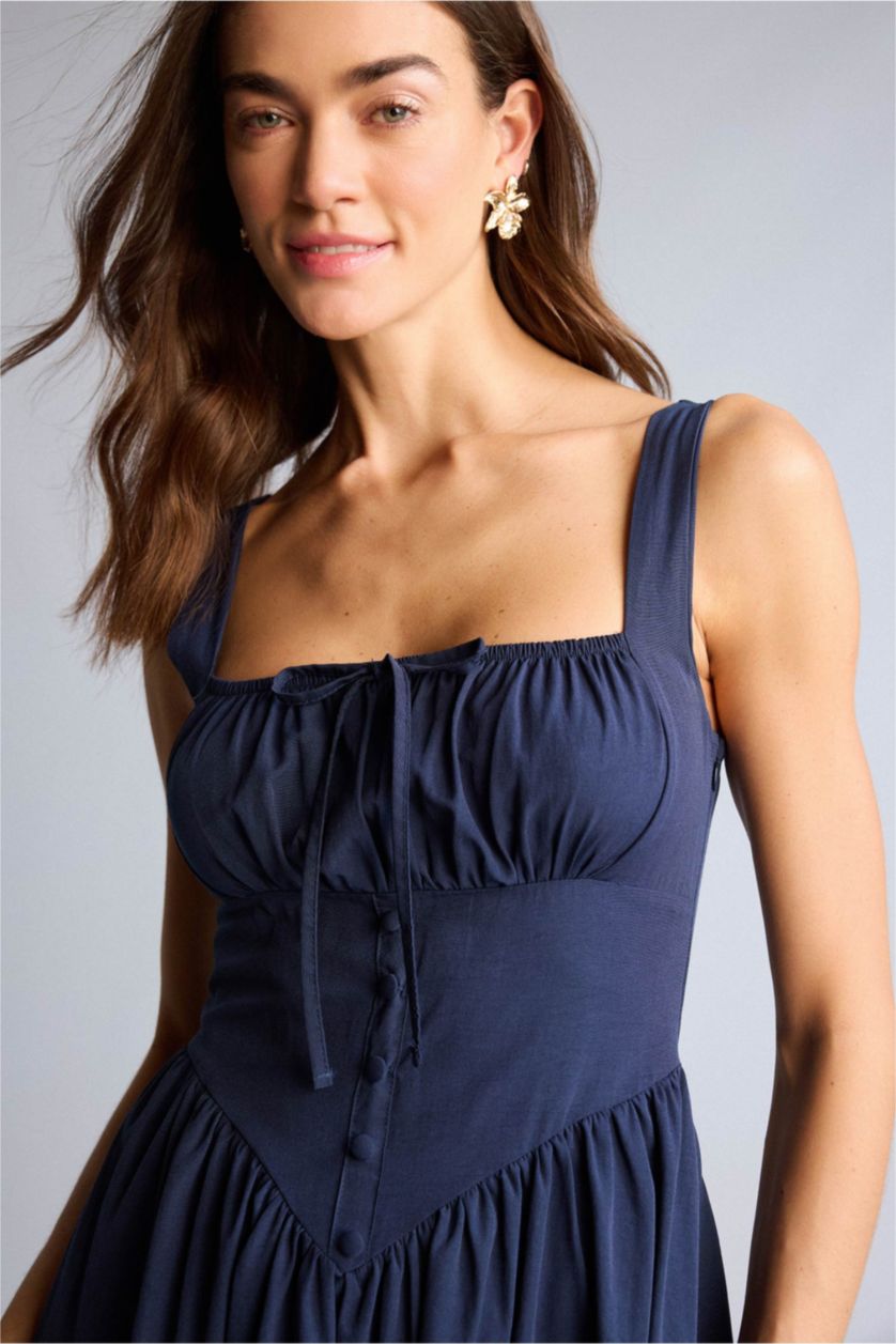 Kadın Lacivert Askılı Midi Elbise
