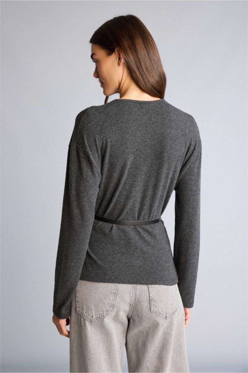 Kadın Antrasit Wrap Yaka Kemerli Hırka