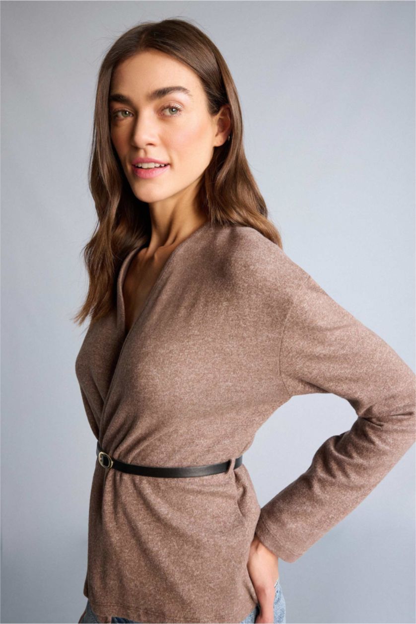 Kadın Kahve Melanj Wrap Yaka Kemerli Hırka
