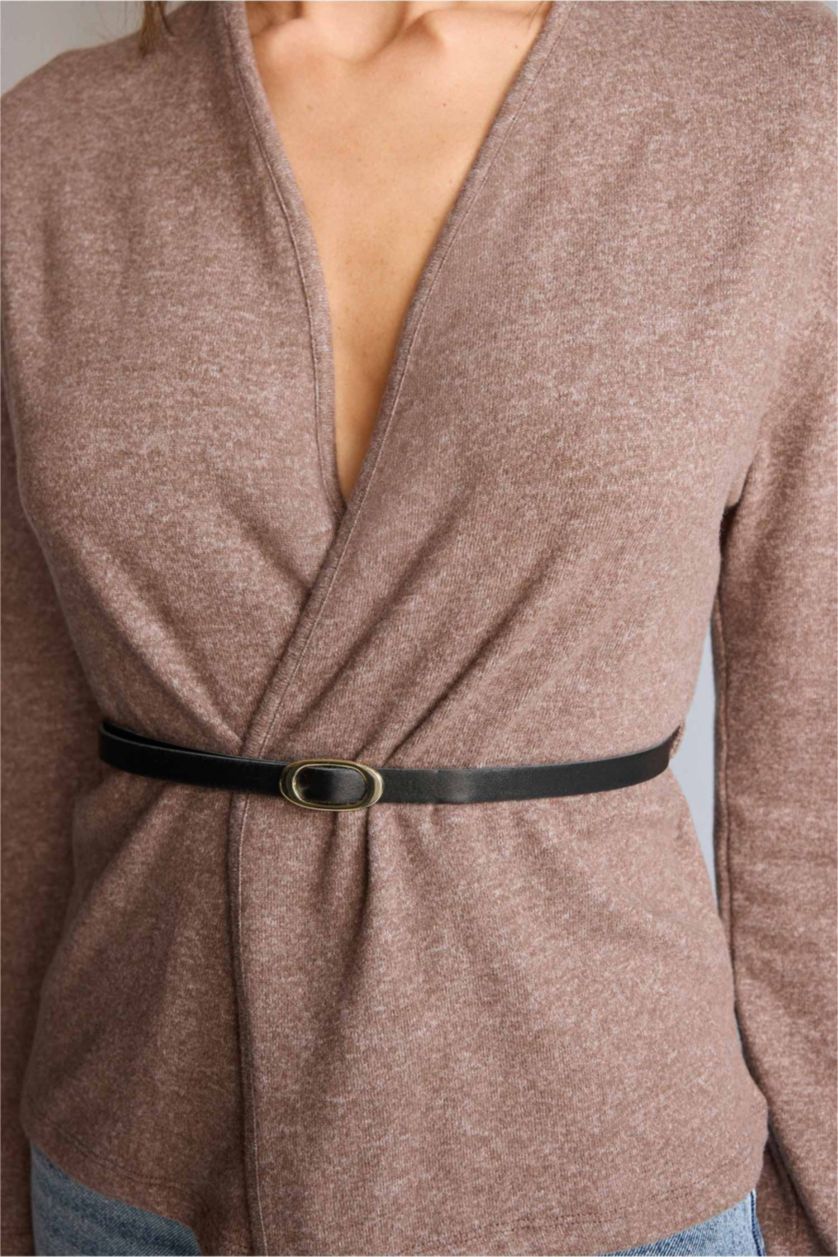 Kadın Kahve Melanj Wrap Yaka Kemerli Hırka