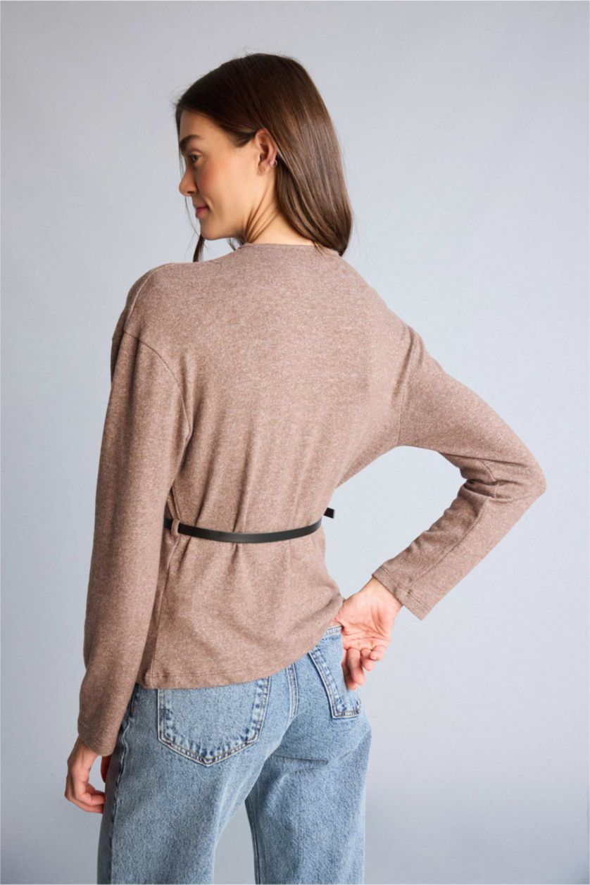Kadın Kahve Melanj Wrap Yaka Kemerli Hırka