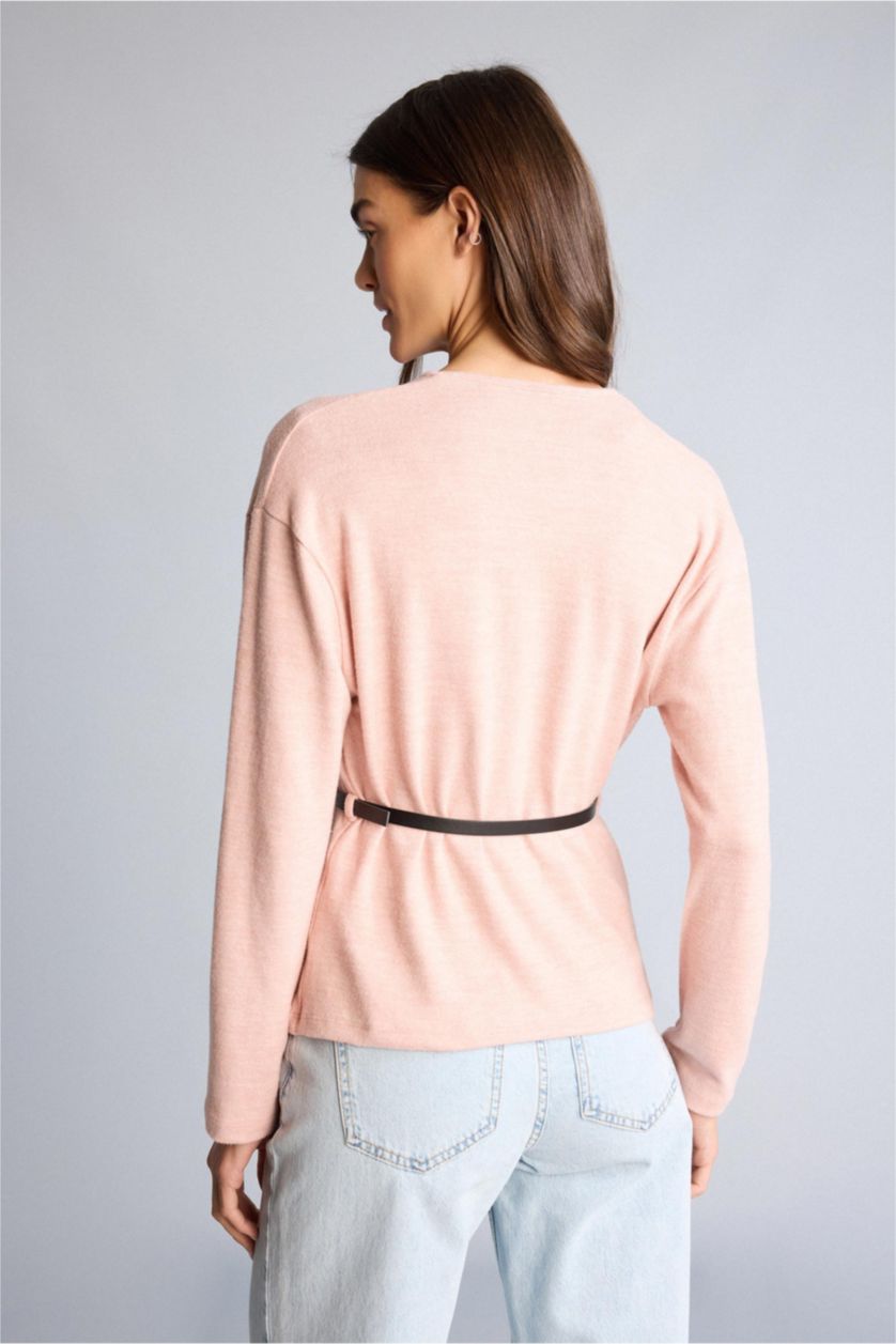 Kadın Açık Pembe Wrap Yaka Kemerli Hırka