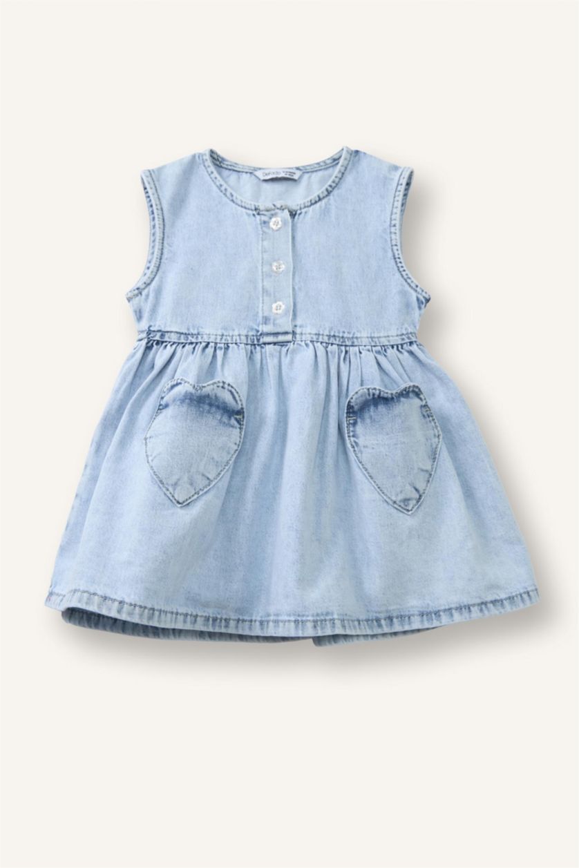 Kız Bebek Açık Mavi %100 Pamuk Aplike Kolsuz Jean Elbise Kız Bebek
