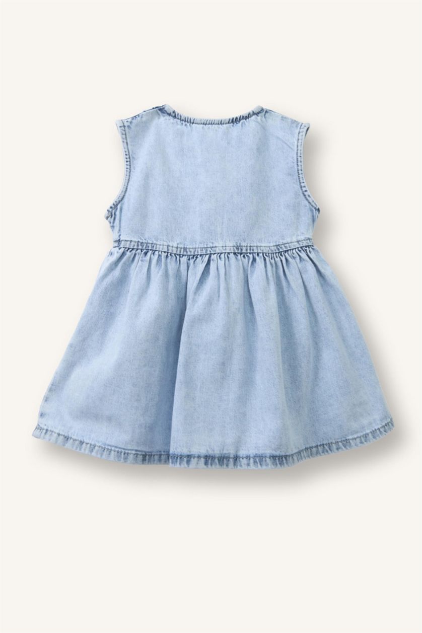 Kız Bebek Açık Mavi %100 Pamuk Aplike Kolsuz Jean Elbise Kız Bebek