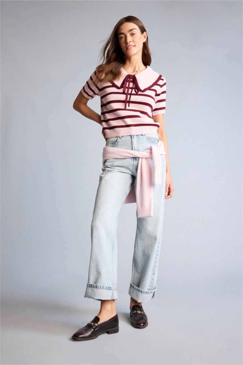 Kadın Pembe Crop Büyük Yaka Çizgili Kazak