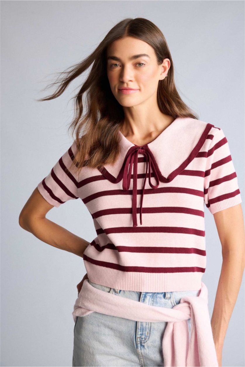 Kadın Pembe Crop Büyük Yaka Çizgili Kazak