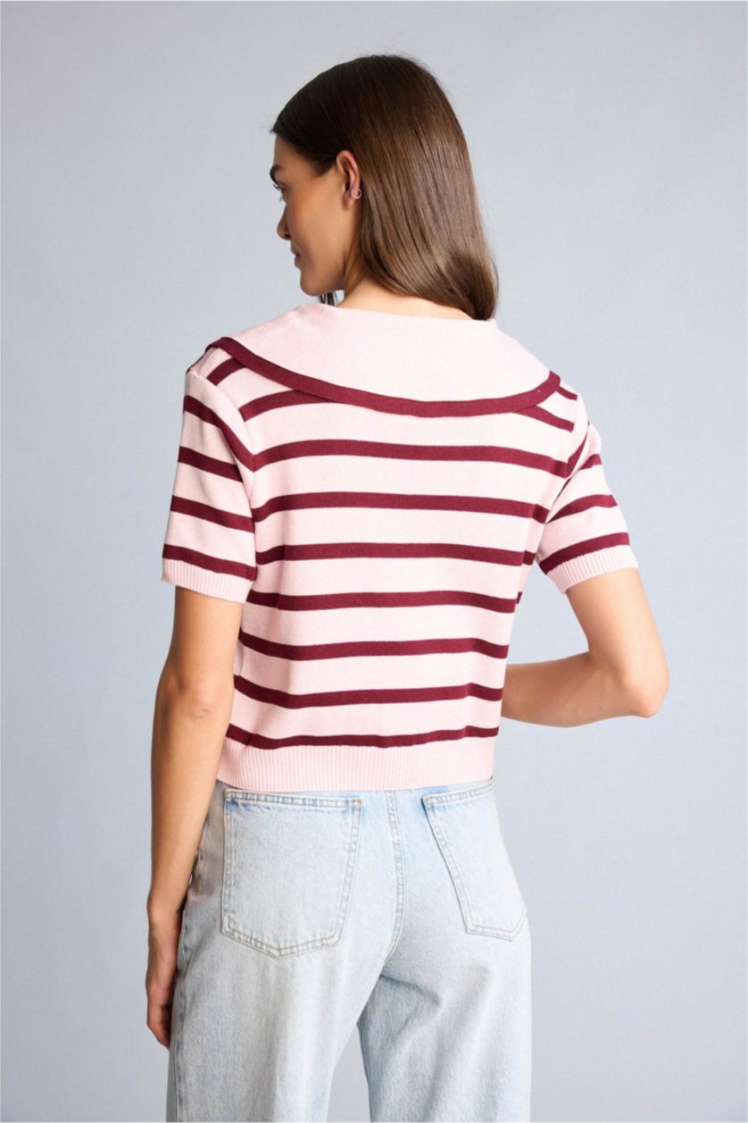 Kadın Pembe Crop Büyük Yaka Çizgili Kazak
