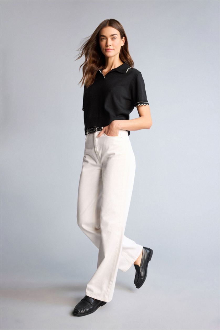 Kadın Siyah Regular Fıt Polo Yaka Kazak
