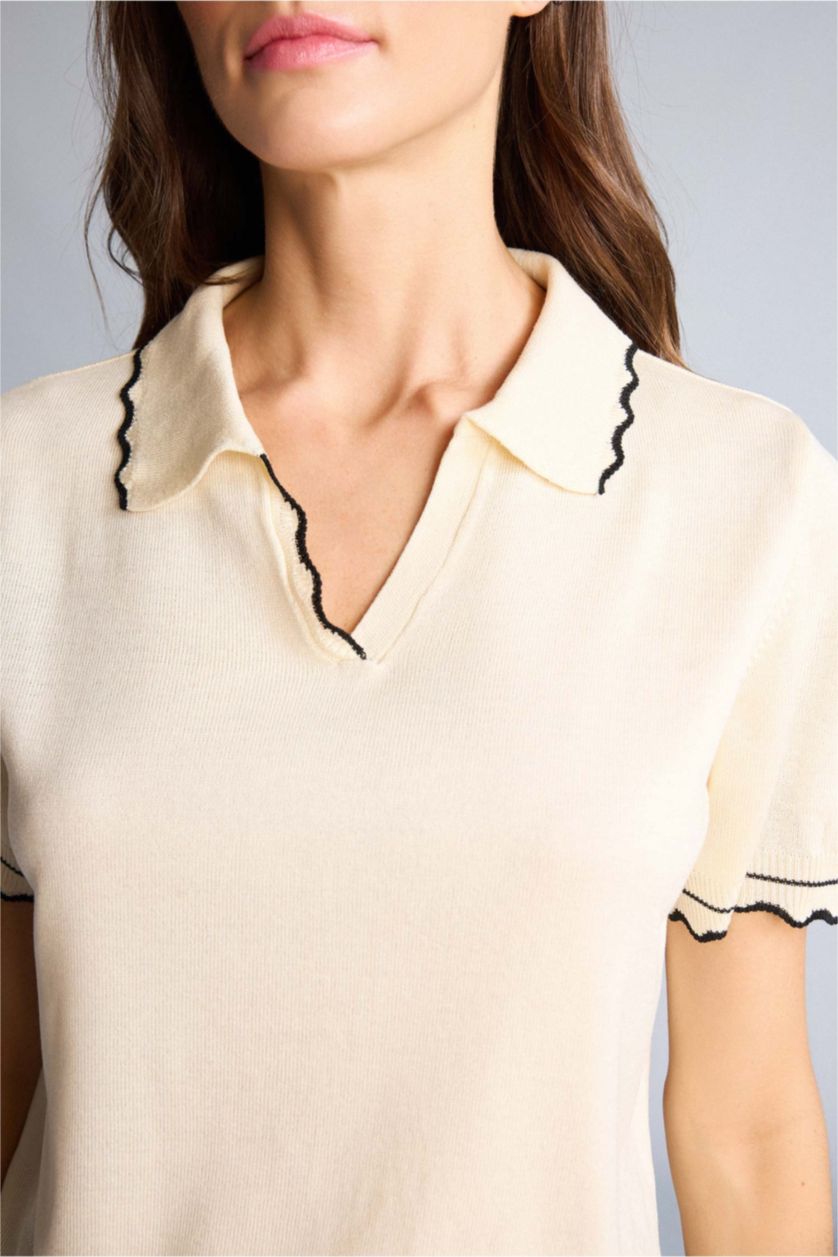 Woman White Regular Fit Polo Collar Pullover
