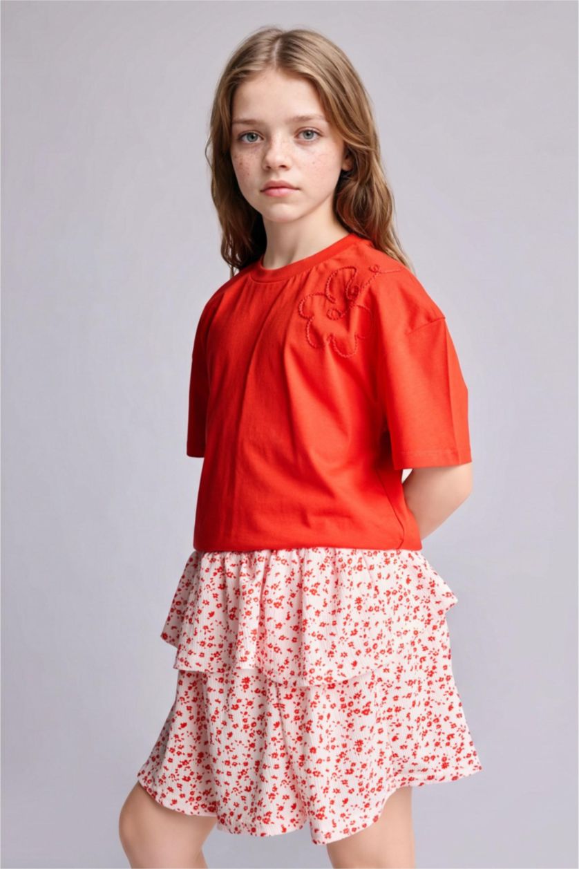 Young Girls - Teen Girls Red Regular Fit Embroidered Short Sleeve T-Shirt