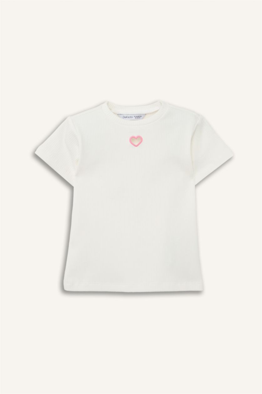 Kız Bebek Kırık Beyaz Kalp Desenli Fitilli Kaşkorse Kısa Kollu Tişört Kız Bebek
