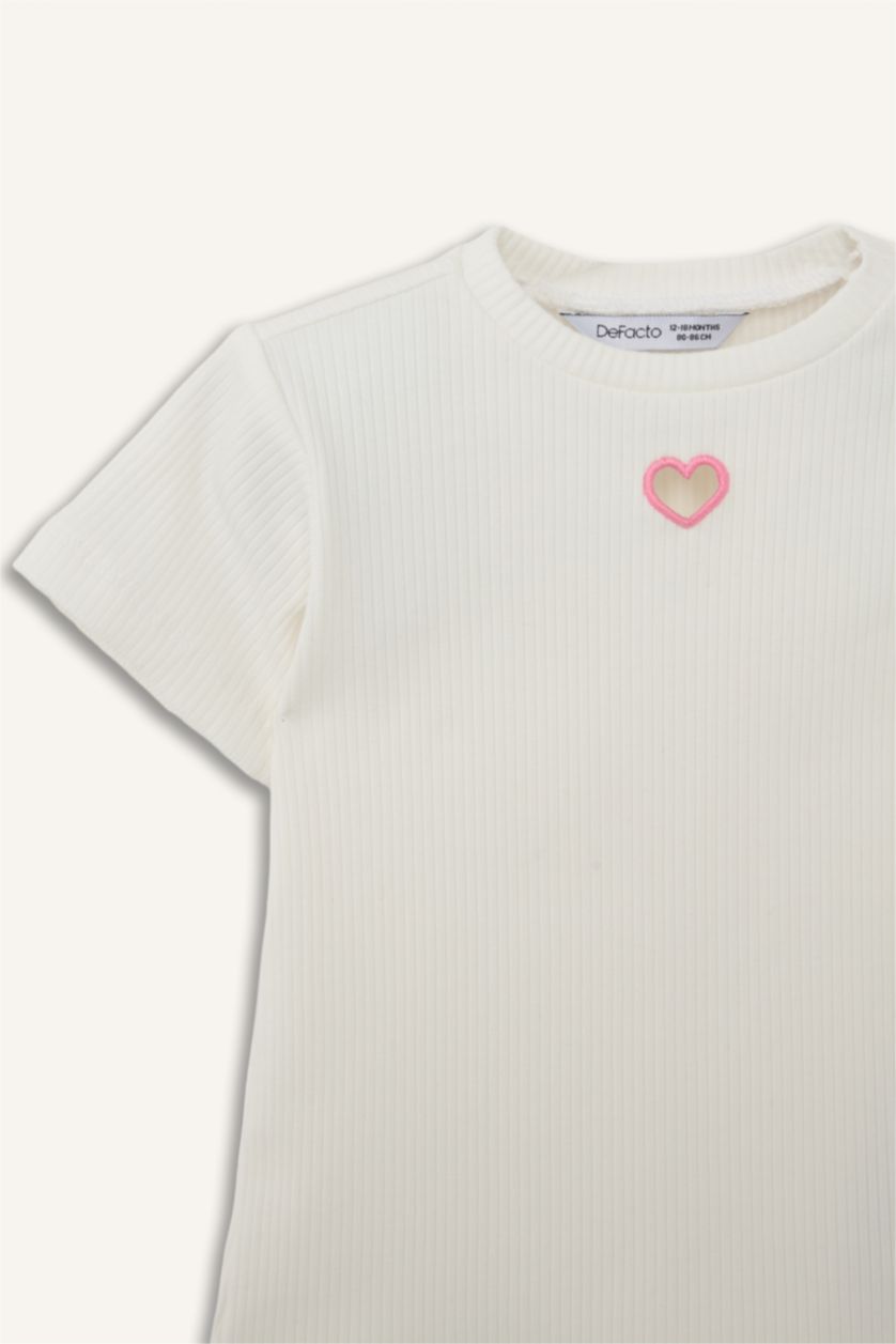 Kız Bebek Kırık Beyaz Kalp Desenli Fitilli Kaşkorse Kısa Kollu Tişört Kız Bebek