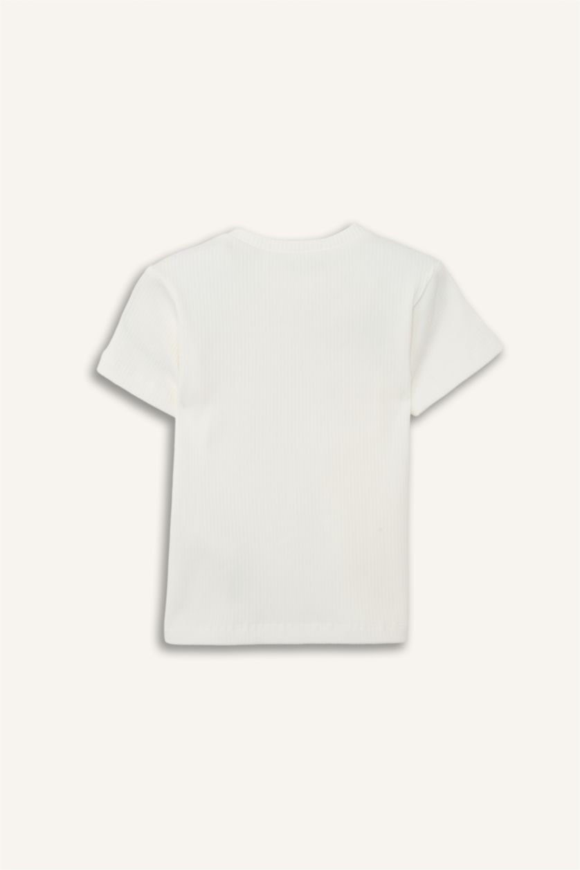 Kız Bebek Kırık Beyaz Kalp Desenli Fitilli Kaşkorse Kısa Kollu Tişört Kız Bebek