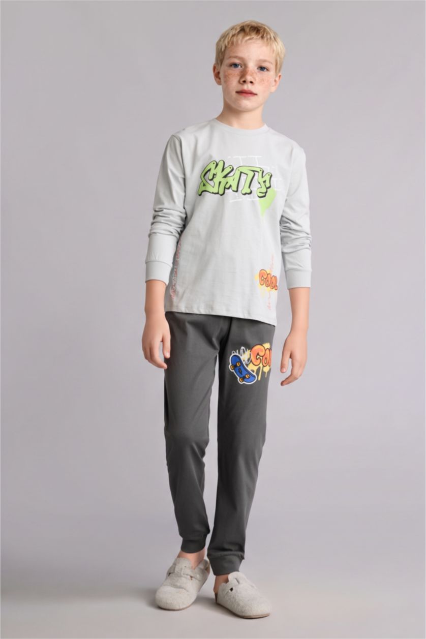 Erkek Çocuk - Genç Erkek Açık Gri Regular Fit 2'Li Pijama Takımı Erkek Çocuk