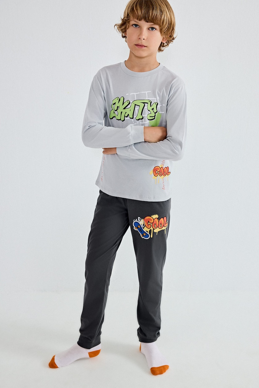 أولاد رمادي فاتح Boy Regular Fit 100% Cotton Light Grey Pyjama Set