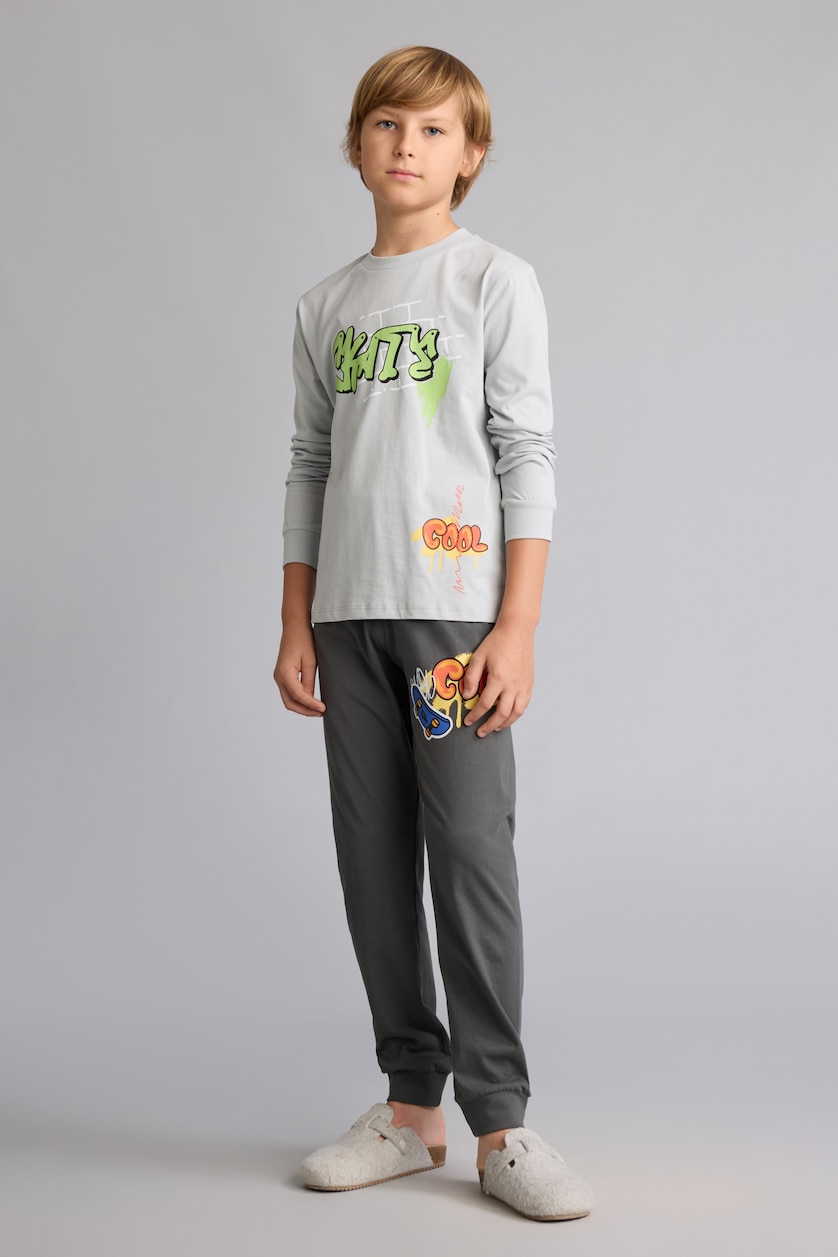 BOYS & TEENS Light Grey Boy 100% Cotton Regular Fit 2 Piece Pyjama Set