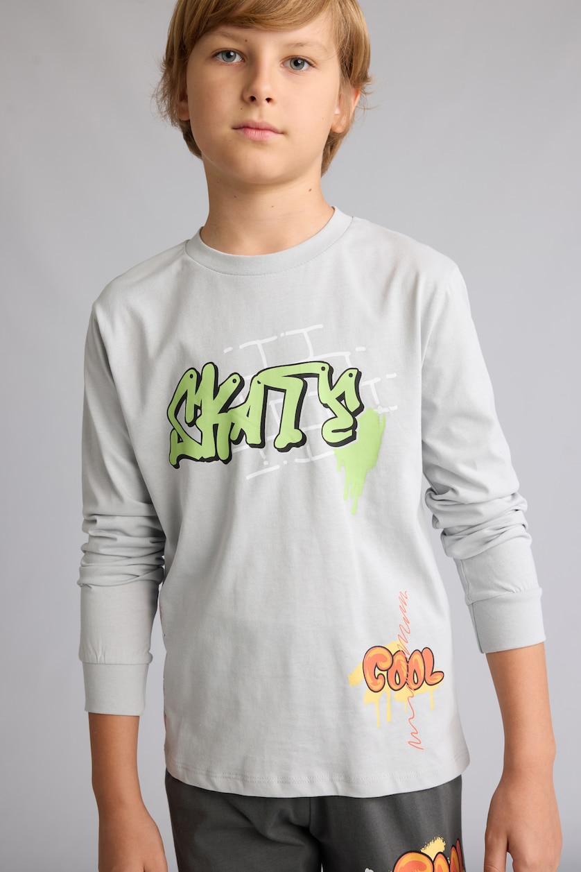 BOYS & TEENS Light Grey Boy 100% Cotton Regular Fit 2 Piece Pyjama Set